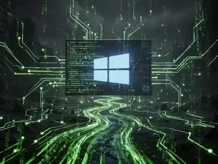 Düstere, bedrohliche digitale Landschaft mit leuchtend grünen Schaltkreisen, die auf einen abstrakten Windows-Bildschirm zulaufen – Symbol einer Cyber-Bedrohung. - Foto: über boerse-global.de