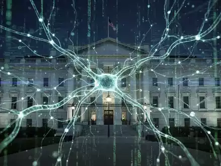 Abstrakte Visualisierung von KI und nationaler Sicherheit mit leuchtendem neuronalen Netzwerk, das ein digitales Regierungsgebäude durchdringt. - Foto: über boerse-global.de
