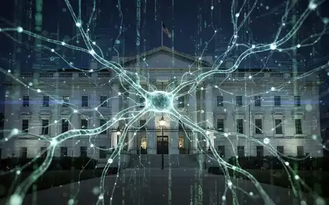 Abstrakte Visualisierung von KI und nationaler Sicherheit mit leuchtendem neuronalen Netzwerk, das ein digitales Regierungsgebäude durchdringt. - Foto: über boerse-global.de