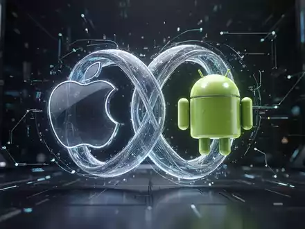 Digitale Illustration ineinander verschlungener Apple- und Android-Logos, leuchtend, für plattformübergreifende Kommunikation und Integration. - Foto: über boerse-global.de