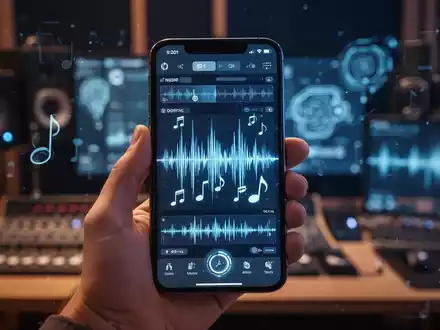 Eine Hand hält ein iPhone mit einer Musik-App-Oberfläche und Schallwellen, die Suno AIs mobile App symbolisieren. - Foto: über boerse-global.de