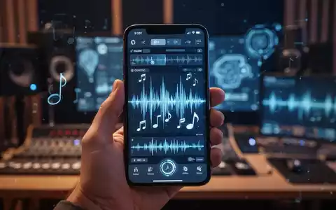 Eine Hand hält ein iPhone mit einer Musik-App-Oberfläche und Schallwellen, die Suno AIs mobile App symbolisieren. - Foto: über boerse-global.de