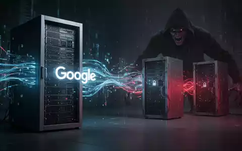 Digitale Daten fließen von einem sicheren Server zu kleineren, weniger sicheren Servern, eine schattenhafte Figur als Cyberkriminalität lauert. - Foto: über boerse-global.de