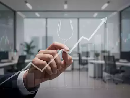 Eine Hand greift nach einer steigenden Linie auf einem Diagramm, überlagert von einer Weinglas-Silhouette in einem Finanzbüro. - Foto: über boerse-global.de