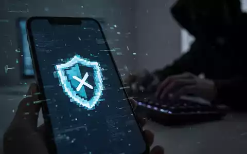 Ein Smartphone-Bildschirm zeigt eine gefälschte Antivirus-App mit digitalen Störungen, im Hintergrund eine unscharfe Person an einem Computer. - Foto: über boerse-global.de