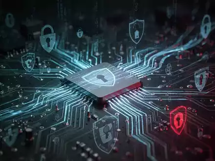 Leuchtende Leiterplatte mit digitalen Datenströmen und abstrakten Sicherheitssymbolen, die Cybersicherheit und Spionage darstellen. - Foto: über boerse-global.de