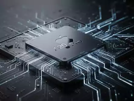 Nahaufnahme eines High-Tech-Mikrochips, vermutlich Apple A20 Pro, mit komplexen Schaltkreisen und leuchtenden Linien. - Foto: über boerse-global.de