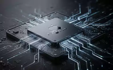 Nahaufnahme eines High-Tech-Mikrochips, vermutlich Apple A20 Pro, mit komplexen Schaltkreisen und leuchtenden Linien. - Foto: über boerse-global.de