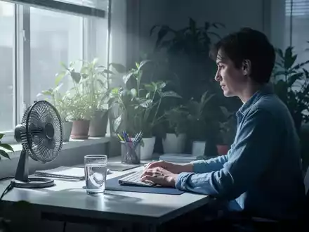 Eine Person arbeitet an einem Homeoffice-Schreibtisch mit Zimmerpflanzen, die Frische und Kühlung suggerieren. - Foto: über boerse-global.de