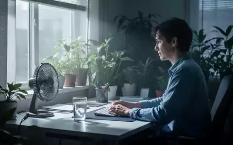 Eine Person arbeitet an einem Homeoffice-Schreibtisch mit Zimmerpflanzen, die Frische und Kühlung suggerieren. - Foto: über boerse-global.de