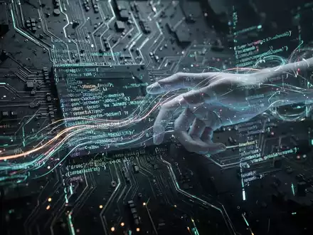 Leuchtende Codezeilen fließen durch eine dunkle, leiterplattenartige Struktur, eine zarte, ätherische Hand greift in den Datenstrom. - Foto: über boerse-global.de