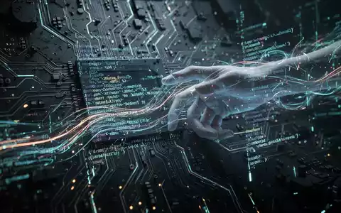 Leuchtende Codezeilen fließen durch eine dunkle, leiterplattenartige Struktur, eine zarte, ätherische Hand greift in den Datenstrom. - Foto: über boerse-global.de