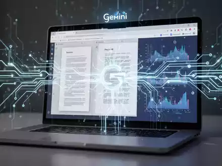 Leuchtendes neuronales Netz über Laptop-Bildschirm mit Browser, PDF und Seitenleiste, symbolisiert KI-Integration. - Foto: über boerse-global.de