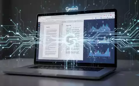 Leuchtendes neuronales Netz über Laptop-Bildschirm mit Browser, PDF und Seitenleiste, symbolisiert KI-Integration. - Foto: über boerse-global.de
