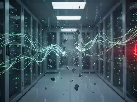 Abstrakte Darstellung eines Datenlecks, digitale Linien und Code zerfallen, deuten auf exponierte Informationen und Netzwerkschwachstellen hin. - Foto: über boerse-global.de