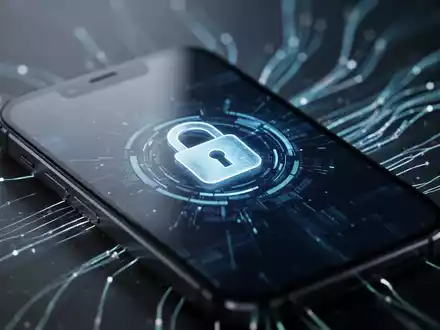 Nahaufnahme eines Smartphone-Bildschirms mit digitalem Schlosssymbol und abstrakten Datenlinien im Hintergrund, die Datensicherheit symbolisieren. - Foto: über boerse-global.de