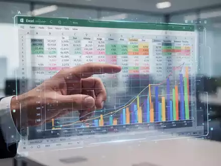 Eine Hand interagiert mit einer holografischen Excel-Tabelle mit komplexen Daten, symbolisiert Datenbearbeitung und -analyse im modernen Büro. - Foto: über boerse-global.de