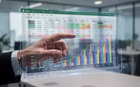 Eine Hand interagiert mit einer holografischen Excel-Tabelle mit komplexen Daten, symbolisiert Datenbearbeitung und -analyse im modernen Büro. - Foto: über boerse-global.de