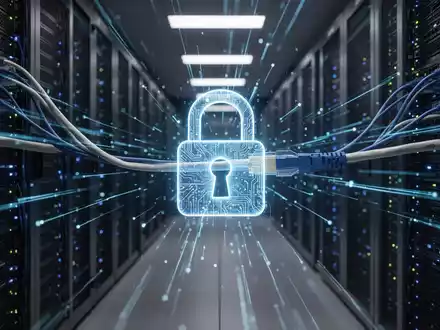 Schloss-Symbol über Netzwerkkabel in Serverraum, Symbol für Cybersicherheit und Datenschutz. - Foto: über boerse-global.de