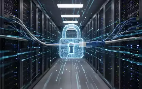 Schloss-Symbol über Netzwerkkabel in Serverraum, Symbol für Cybersicherheit und Datenschutz. - Foto: über boerse-global.de
