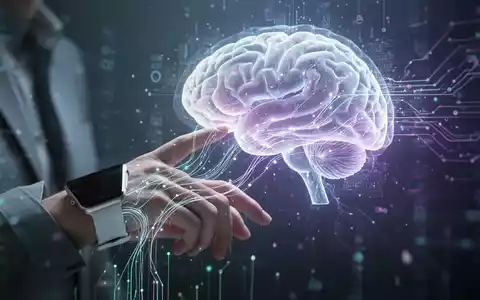 Eine Hand mit einer Smartwatch berührt ein leuchtendes, holografisches Gehirn, das KI-Integration und mentale Gesundheit symbolisiert. - Foto: über boerse-global.de