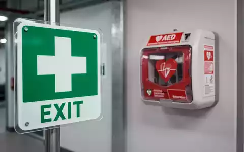 Ein deutlich sichtbares Sicherheitszeichen im Vordergrund und ein Defibrillator im unscharfen Hintergrund in einer modernen Umgebung. - Foto: über boerse-global.de