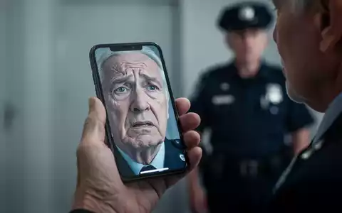 Eine ältere Person mit besorgtem Ausdruck hält ein Smartphone, im Hintergrund unscharf ein Polizist. - Foto: über boerse-global.de