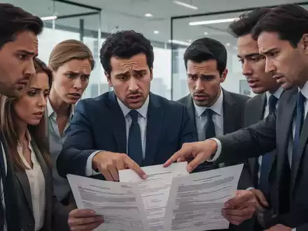 Geschäftsleute in einem modernen Büro, die besorgt Rechtsdokumente prüfen, mit Fokus auf Gesichter und Details. - Foto: über boerse-global.de