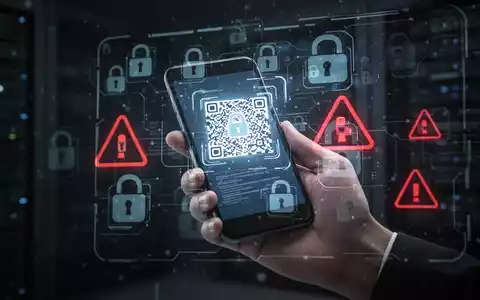Eine Hand hält ein Smartphone, das einen QR-Code scannt, mit digitalen Schloss- und Warnhinweisen als Symbol für Cybersicherheitsrisiken. - Foto: über boerse-global.de