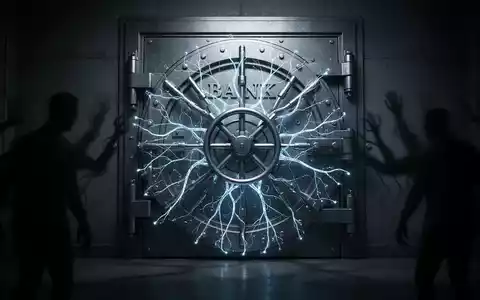 Banktresor-Tür, verflochten mit leuchtenden neuronalen Netzlinien, symbolisiert KI-Cyberangriffsrisiken im Bankensektor. - Foto: über boerse-global.de
