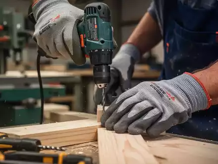 Nahaufnahme von Händen in Sicherheitshandschuhen, die präzise ein Elektrowerkzeug an einem Holzstück in einer Werkstatt bedienen. - Foto: über boerse-global.de