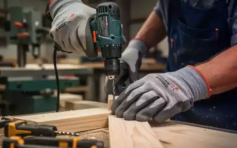 Nahaufnahme von Händen in Sicherheitshandschuhen, die präzise ein Elektrowerkzeug an einem Holzstück in einer Werkstatt bedienen. - Foto: über boerse-global.de