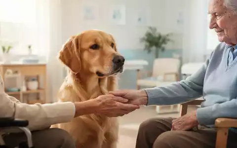 Ein goldener Retriever sitzt ruhig neben der Hand einer älteren Person, die Trost spendet, in einem hellen Therapieraum. - Foto: über boerse-global.de