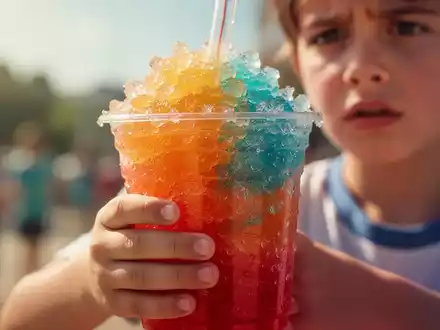 Ein Kind hält ein buntes Slush-Eisgetränk in der Hand, mit sichtbaren Eiskristallen. Der Hintergrund ist unscharf. - Foto: über boerse-global.de