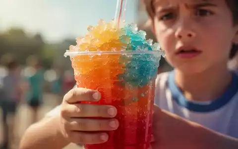 Ein Kind hält ein buntes Slush-Eisgetränk in der Hand, mit sichtbaren Eiskristallen. Der Hintergrund ist unscharf. - Foto: über boerse-global.de