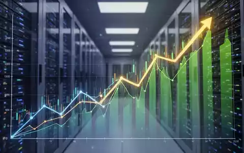 Eine Grafik, die einen steilen Aufwärtstrend einer Aktie zeigt, mit einem modernen Rechenzentrum im Hintergrund. - Foto: über boerse-global.de