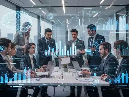 Ein Vertriebsteam interagiert mit einer futuristischen KI-Oberfläche, die Datenvisualisierungen anzeigt und die KI-Integration für Vertriebseffizienz symbolisiert. - Foto: über boerse-global.de