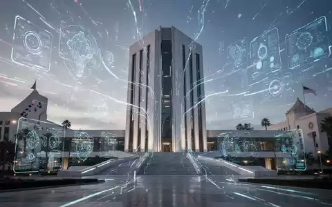Moderne Regierungsgebäude in Kalifornien mit digitalen Datenströmen und leuchtenden Schnittstellen, die KI-Integration in staatlichen Behörden darstellen. - Foto: über boerse-global.de