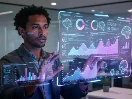 Ein Produktmanager interagiert mit einem holografischen Display, das Daten, Roadmaps und KI-Erkenntnisse in einem modernen Büro zeigt. - Foto: über boerse-global.de