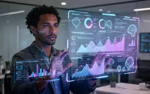 Ein Produktmanager interagiert mit einem holografischen Display, das Daten, Roadmaps und KI-Erkenntnisse in einem modernen Büro zeigt. - Foto: über boerse-global.de