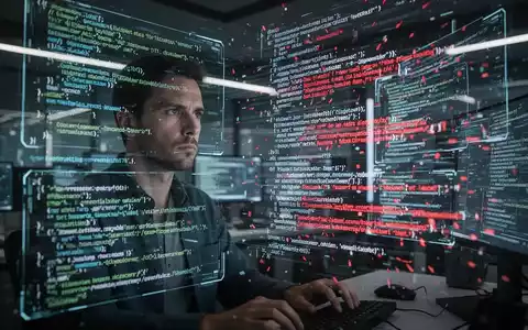Ein Softwareentwickler beobachtet glühenden, schnell fließenden KI-Code auf mehreren holografischen Bildschirmen, einige Zeilen rot hervorgehoben, in einem futuristischen Büro. - Foto: über boerse-global.de