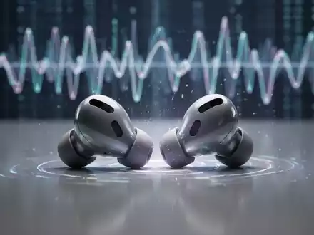 Nahaufnahme moderner kabelloser Ohrhörer (AirPods Pro-Stil) mit dezentem Glanz, die fortschrittliche Audiotechnologie und KI-Integration darstellen. - Foto: über boerse-global.de