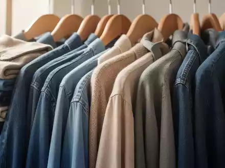 Nahaufnahme von Secondhand-Kleidung, die ordentlich gefaltet oder aufgehängt ist, mit Fokus auf Texturen und Farben. - Foto: über boerse-global.de