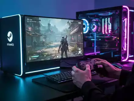 Zukunftssicheres Gaming-Setup mit kleinem SteamOS-PC, blau-violettem Licht und Händen am Controller. - Foto: über boerse-global.de