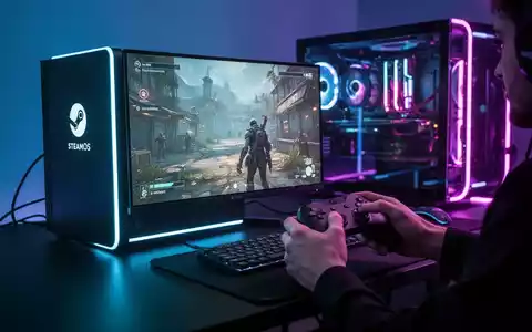 Zukunftssicheres Gaming-Setup mit kleinem SteamOS-PC, blau-violettem Licht und Händen am Controller. - Foto: über boerse-global.de