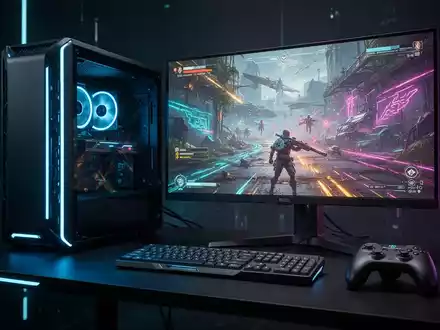 Zukunftssicheres Gaming-PC-Setup mit blau leuchtendem Tower, buntem Spiel auf dem Bildschirm und modernem Gamepad in einem dunklen Raum mit Neonlicht. - Foto: über boerse-global.de