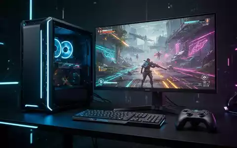 Zukunftssicheres Gaming-PC-Setup mit blau leuchtendem Tower, buntem Spiel auf dem Bildschirm und modernem Gamepad in einem dunklen Raum mit Neonlicht. - Foto: über boerse-global.de