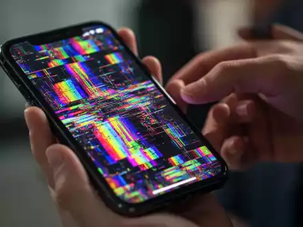 Ein iPhone-Bildschirm zeigt verzerrte, farbenfrohe digitale Muster, die einen technischen Fehler oder Virus andeuten. Eine Hand greift besorgt nach dem Gerät. - Foto: über boerse-global.de