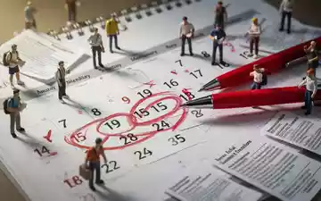 Ein Kalenderblatt mit Sommerdaten, umgeben von kleinen Figuren, die verschiedene Arbeitnehmer und rechtliche Dokumente darstellen. - Foto: über boerse-global.de
