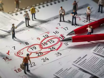 Ein Kalenderblatt mit Sommerdaten, umgeben von kleinen Figuren, die verschiedene Arbeitnehmer und rechtliche Dokumente darstellen. - Foto: über boerse-global.de